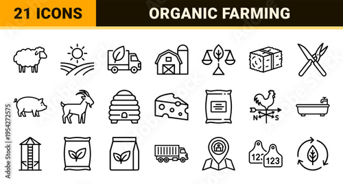 Sustainable Agriculture and Ethical Farming Ultra-minimalist Monoline Icon Set for Eco-conscious Branding and Organic Livestock Management Metadata.