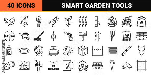 Indoor Gardening and Smart Plant Care Icons featuring Ultra-minimalist Monoline Botanical Symbols for Professional Horticulture Apps and UI.