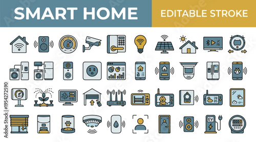 Colorful smart home illustration with modern devices and gadgets connected in a cozy living room