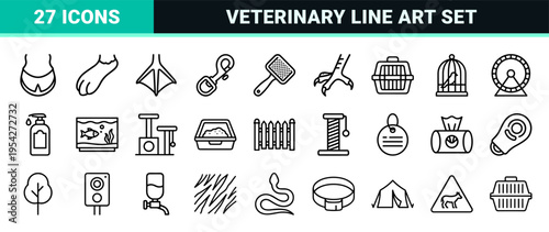 Minimalist Animal Paw Print and Pet Care Line Icon Set Featuring Geometric Veterinary Symbols and Wildlife Tracking Outlines for Modern Branding