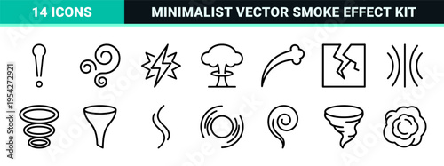 Ultra-minimalist Geometric Line Art Collection of Explosion and Smoke Symbols Featuring Clean Monoline Aesthetic for Modern Interface Design