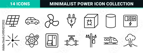 Solar Energy Technology and Renewable Power Infrastructure Icon Set with Ultra-Minimalist Geometric Monoline Aesthetic for Sustainable Industry.