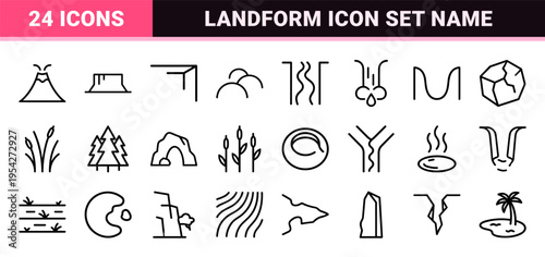 Geographic Landforms and Nature Biomes Outline Icon Set featuring Ultra-Minimalist Monoline Symbols for Environmental Design and Mapping.