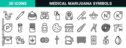 Botanical Cannabis and Medical Marijuana Culture Line Art Symbols; Ultra-Minimalist Monoline Geometric Icon Set for Dispensary and Laboratory Utility.
