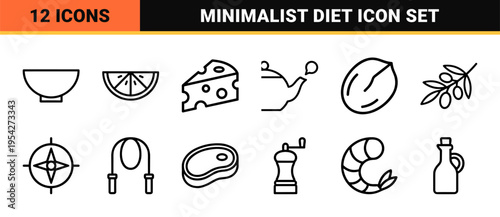 Professional Holistic Nutrition and Healthy Lifestyle Management Icon Set featuring Ultra-Minimalist Geometric Line Art for Mobile App UI Design