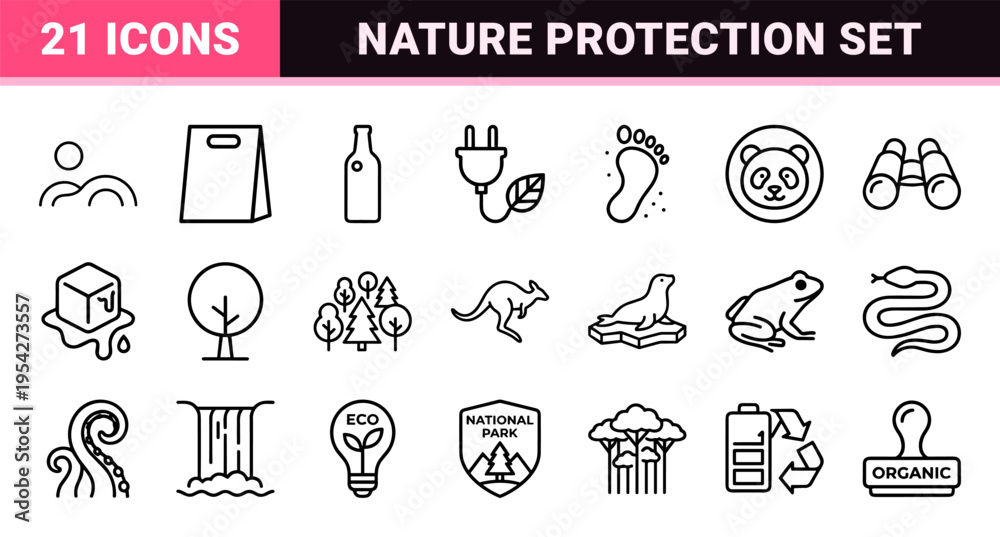 Fototapeta premium Wildlife Conservation and Environmental Protection Ultra-minimalist Monoline Icon Set, Geometric Line Art for Sustainable Ecology Branding