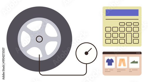 Automotive maintenance, e-commerce, shopping, technology, calculations, retail services. Tire with pressure gauge, calculator and online store layout. Automotive maintenance and e-commerce