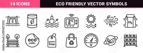 Sustainable Energy and Environmental Conservation Ultra-Minimalist Monoline Icon Set featuring Solar, Wind, and Green Technology Symbols