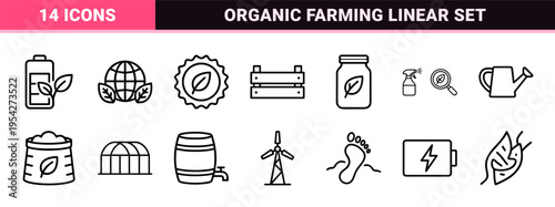 Sustainable Agriculture and Eco Branding Linear Icon Set featuring Ultra Minimalist Geometric Outlines for Organic Farming and Environmental Conservation