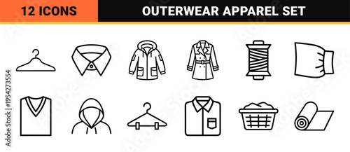 Minimalist Outerwear and Apparel Linear Icons featuring Geometric Jackets Coats and Fashion Accessories for Retail and Seasonal Weather Interface Design