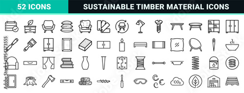 Sustainable Furniture Manufacturing and Timber Material Supply Ultra-Minimalist Monoline Geometric Outline Icon Set for Interior Design and Ecology