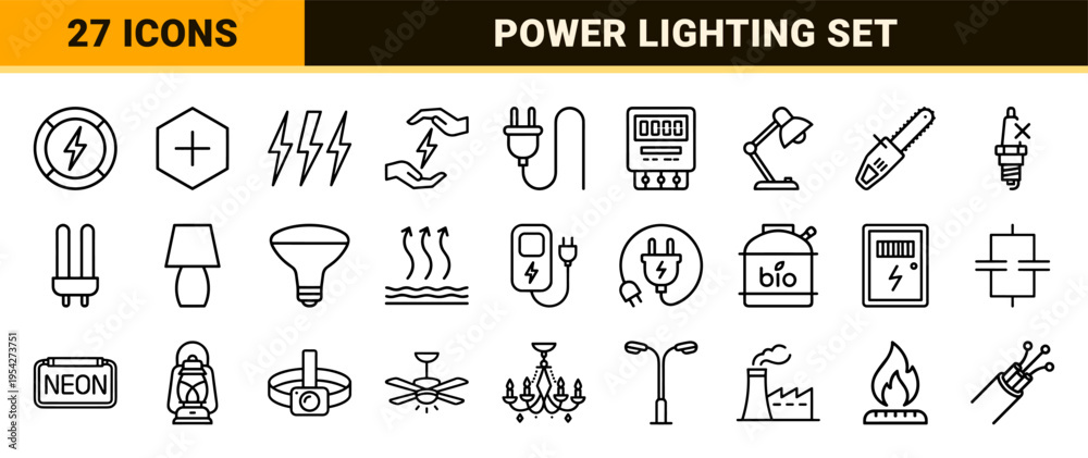 Naklejka premium Electrical Power and Lighting Systems Icon Set featuring Ultra-Minimalist Geometric Line Art for Industrial Energy and Interior Illumination Design.