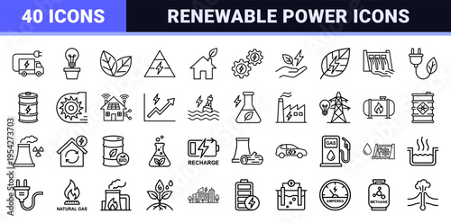 Sustainable Energy and Green Power Infrastructure Ultra-Minimalist Monoline Icon Set for Renewable Technology and Environmental Engineering.