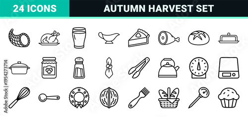 Ultra-minimalist Thanksgiving Dinner Monoline Icons, Geometric Autumn Harvest Line Art for Professional UI/UX and Brand Agency Assets.