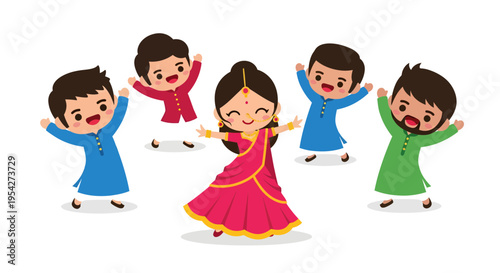 Joyful celebration with cute cartoon characters in traditional Indian attire and festive mood