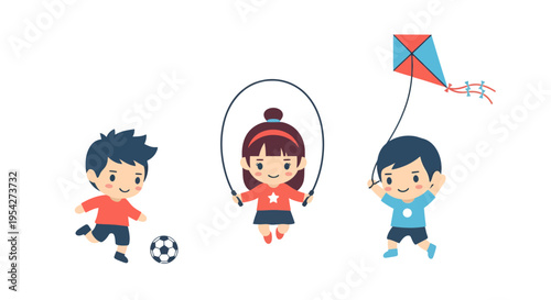 Joyful playtime scenes featuring children engaged in outdoor activities with a kite