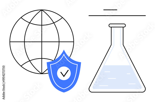 Science research, global safety, data protection, ethics, innovation, and knowledge sharing. Laboratory flask with liquid next to a globe and shield. Science research and global safety theme