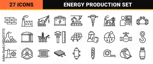 Industrial Manufacturing and Energy Production Icon Set Featuring Ultra-Minimalist Geometric Line Art for Heavy Industry Utility Infrastructure