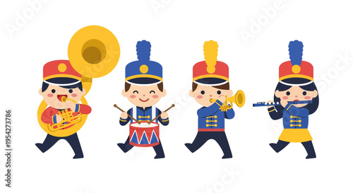 Marching Band Vector Illustration, Flat Design, for Music, Concert, Parade, and Celebration