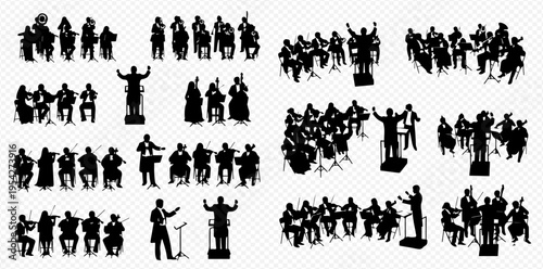 Set of various orchestra and conductor silhouettes performing classical music, isolated on transparent background.