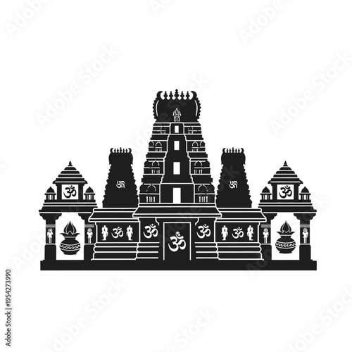 Ancient Indian temple silhouette illustration, a detailed traditional Hindu architectural structure representing cultural heritage and spirituality in a solid, iconic design