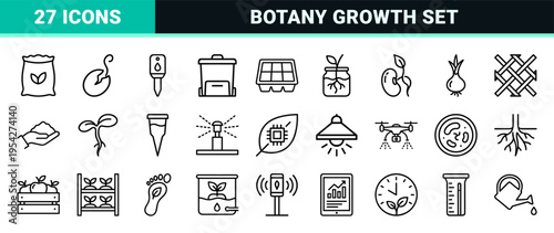 Botanical Growth and Agricultural Technology Minimalist Monoline Icons Set for Sustainable Farming, Gardening, and Plant Science Projects.
