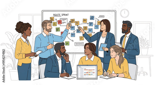 A diverse group of business professionals collaborating around a whiteboard in a modern office setting