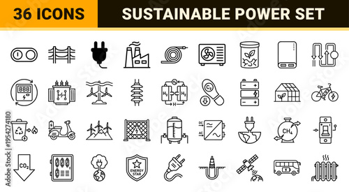 Sustainable Energy and Infrastructure Icon Set featuring Ultra-Minimalist Geometric Line Art for Renewable Power and Electrical Grid Systems