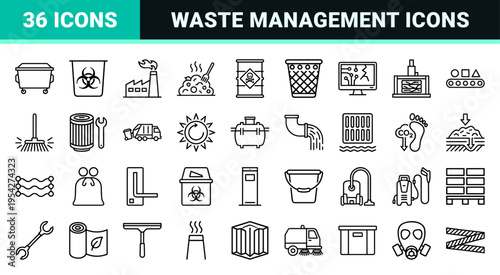 Waste Management and Recycling Icon Set featuring Ultra-Minimalist Geometric Line Art for Environmental Sanitation and Sustainable Urban Services