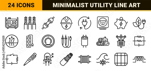 Energy and Electricity Infrastructure Icon Set Featuring Ultra-Minimalist Monoline Symbols for Sustainable Power Engineering and Grid Utilities