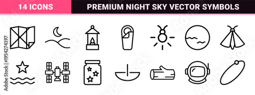 Ultra-Minimalist Celestial Night Sky Line Icons Featuring Moon Stars and Clouds for Professional Weather App Interface and Modern Digital Design