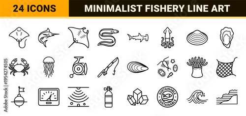 Marine Life and Sustainable Fishery Ultra-Minimalist Monoline Icons; Geometric Line Art Symbols for Ocean Biology and Commercial Seafood Industry.