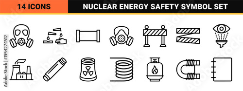 Hazardous Material and Nuclear Safety Monoline Icons Featuring Industrial Waste Barrels and Radiation Symbols in Ultra Minimalist Style