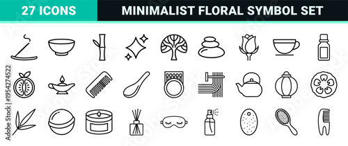 Lotus Flower Wellness Icons Featuring Ultra-Minimalist Monoline Geometric Line Art for Spa Yoga and Holistic Brand Identity Design Projects