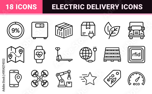 Electric Vehicle Logistics and Green Transport Icon Set featuring Ultra-Minimalist Geometric Line Art for Sustainable Delivery and Supply Chain