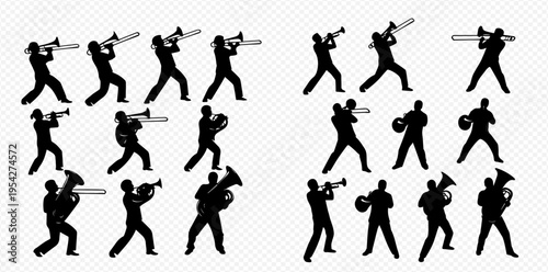 Collection of various musicians playing brass instruments in silhouette, including trumpets, trombones, and tubas, isolated on a transparent background.