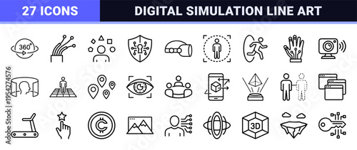 Virtual Reality and Metaverse Technology Ultra-Minimalist Monoline Icon Set featuring Augmented Reality Goggles and Digital Simulation Symbols