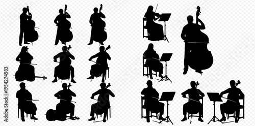 Silhouettes of Musicians Playing String Instruments in an Orchestra or Band Performance.