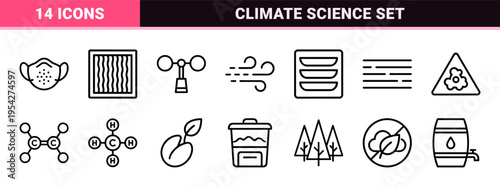 Professional Meteorology and Climate Science Icon Set featuring Ultra-Minimalist Geometric Line Art for Weather Tracking and Air Quality Apps
