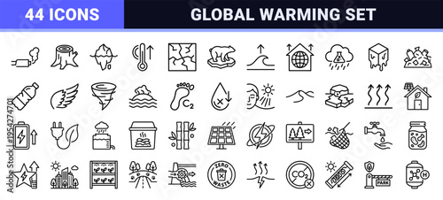 Global Warming and Climate Change Crisis Icon Set featuring Ultra-Minimalist Monoline Geometric Line Art for Environmental Sustainability.