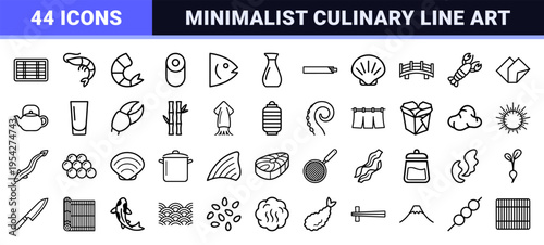 Japanese Seafood Cuisine Ultra-Minimalist Monoline Icon Set featuring Geometric Ramen Sushi and Fish Outlines for Professional Menu Design