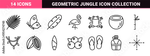 Tropical Nature and Exotic Wildlife Ultra-Minimalist Monoline Icon Set featuring Geometric Botanical Elements and Jungle Fauna Line Art Symbols