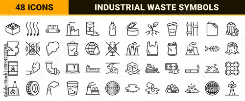 Ultra-Minimalist Geometric Line Art Icon Set Depicting Environmental Pollution, Industrial Waste Management, and Ecological Impact Symbols.
