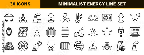Energetics and Industrial Power Infrastructure Icon Set featuring Ultra-Minimalist Monoline Geometric Symbols for Renewable and Fossil Energy.