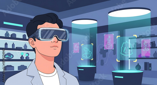 A man wearing virtual reality goggles in a futuristic laboratory setting with holographic displays