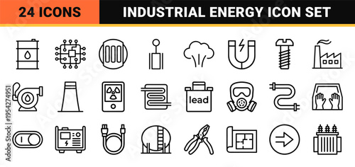 Nuclear Power and Energy Engineering Ultra-Minimalist Monoline Icon Set Featuring Cooling Towers Radiation Symbols and Industrial Power Plant Elements