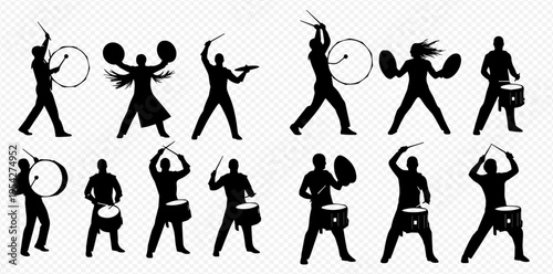 Silhouettes of people playing drums and percussion instruments, performing music in a band or orchestra.