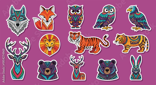 A vibrant flat lay of various colorful animal spirits tribal stickers on a purple background