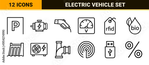 Electric Vehicle Charging Station and Renewable Energy Infrastructure Ultra Minimalist Monoline Geometric Outline Vector Icon Set