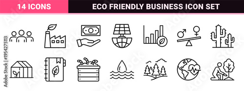 ESG Environmental Sustainability and Corporate Governance Icons Featuring Ultra-Minimalist Monoline Geometric Line Art for Ethical Business Strategy